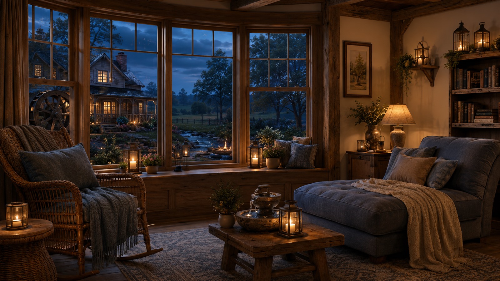Blue-hour Calm Room with bay windows, water wheel, stream, lanterns, rocking chair, and quiet seating